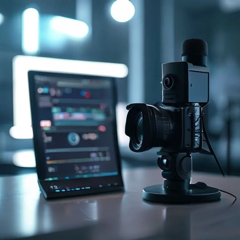 Un micrófono de solapa moderno y un grabador de audio digital sobre una mesa de metal pulido, junto a un portátil abierto con software de edición de video, en un entorno de estudio minimalista con iluminación LED.