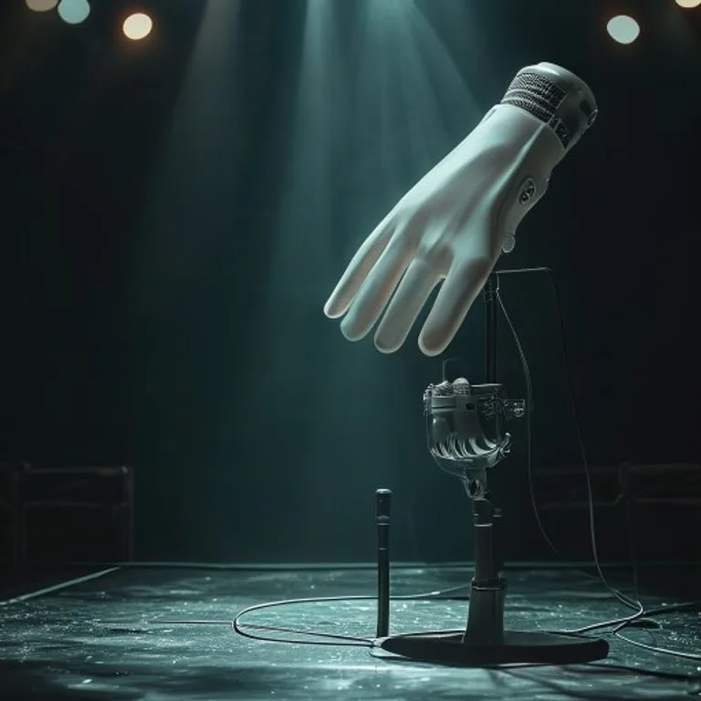 Guante blanco brillante y un micrófono vintage en un escenario oscuro, simbolizando el genio creativo y la presencia escénica de Michael Jackson.