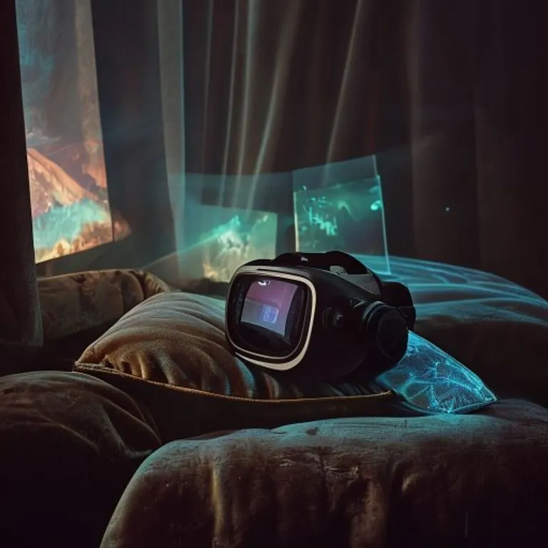 Fotografía cinematográfica de un casco de realidad virtual vintage sobre un cojín de terciopelo, con proyecciones holográficas de paisajes digitales.