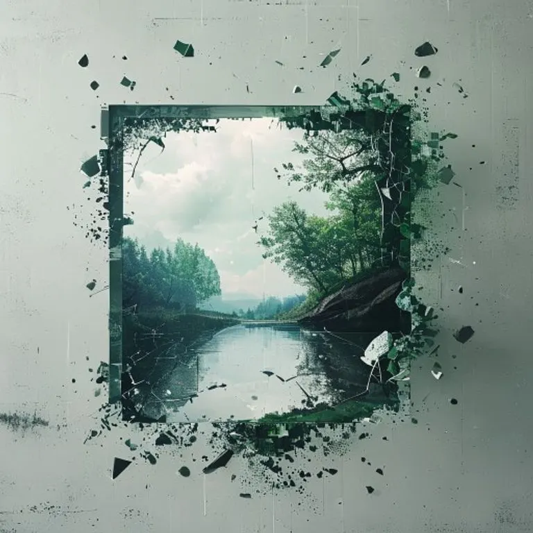 Arte conceptual de una pantalla digital rota mostrando una escena natural pixelada, contrastando con formas geométricas fragmentadas que representan la sobrecarga digital.