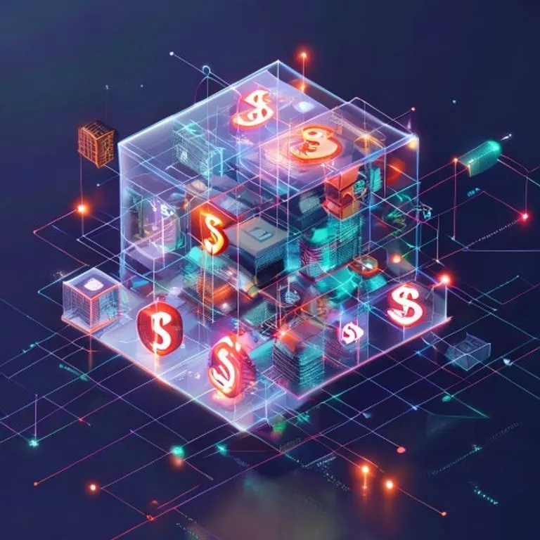 Renderizado isométrico en 3D de un cubo transparente que encierra varios símbolos financieros (signo de dólar, euro, yen) y bloques de blockchain, flotando sobre un libro mayor digital, interconectados por líneas brillantes, estilo minimalista y limpio.