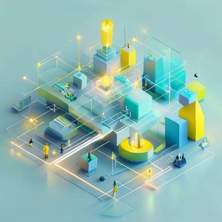Renderizado isométrico 3D de un ecosistema empresarial abstracto con formas geométricas interconectadas, simbolizando la colaboración y el crecimiento.
