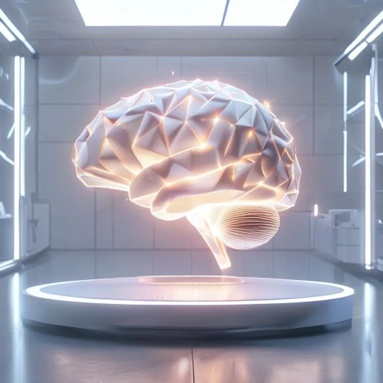 Modelo 3D estilizado del cerebro con formas geométricas y luces