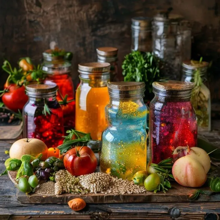 Fotografía de bodegón de frascos de fermentación, frutas, verduras y granos enteros sobre una mesa de madera, simbolizando una dieta saludable para la microbiota.