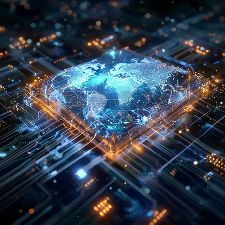 Render 3D de un procesador cuántico con flujos de datos y patrones climáticos