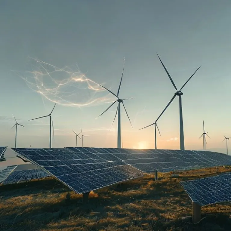 Foto cinematográfica de paisaje con turbinas eólicas y paneles solares con patrones cuánticos