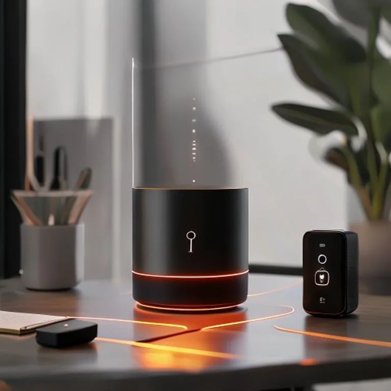 Representación 3D de un altavoz inteligente, cámara de seguridad y termostato conectados, protegidos por un candado digital.