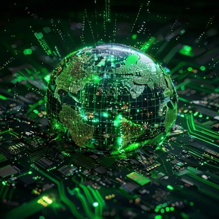 Un globo terráqueo de circuitos rotos, emitiendo luz verde, simbolizando vulnerabilidades y soluciones de seguridad.