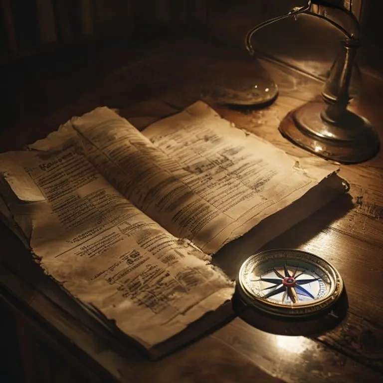 Fotografía de bodegón de un manual médico abierto y desgastado sobre un escritorio de madera, con un compás antiguo apuntando de forma errática. La iluminación suave crea sombras profundas, evocando un ambiente de estudio y desorientación.