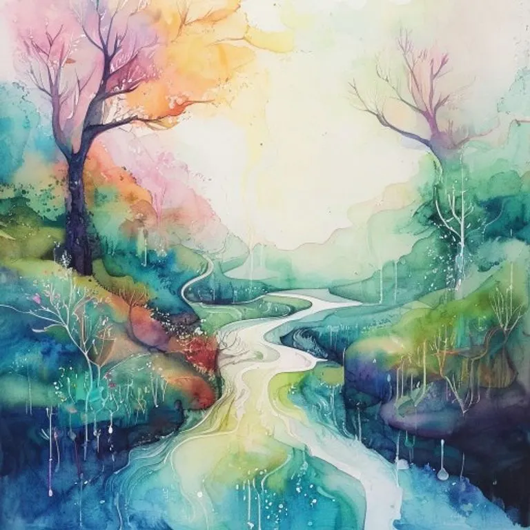 Pintura de acuarela etérea de un río de conocimiento que se ramifica en caminos luminosos, simbolizando la fluidez y diversidad de modelos pedagógicos.