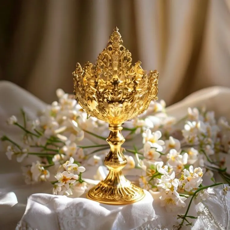 Monstrancia dorada con hostia consagrada, sobre altar de lino blanco, rodeada de flores blancas, luz etérea.