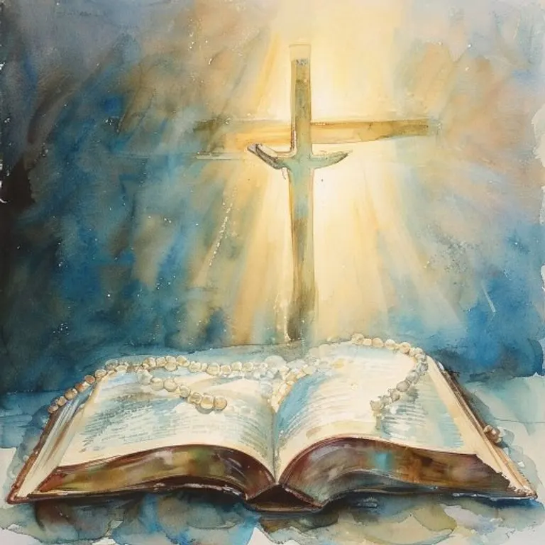 Pintura de acuarela de un rosario con cuentas blancas y crucifijo, sobre un libro de oraciones abierto, con un resplandor cálido de fondo.