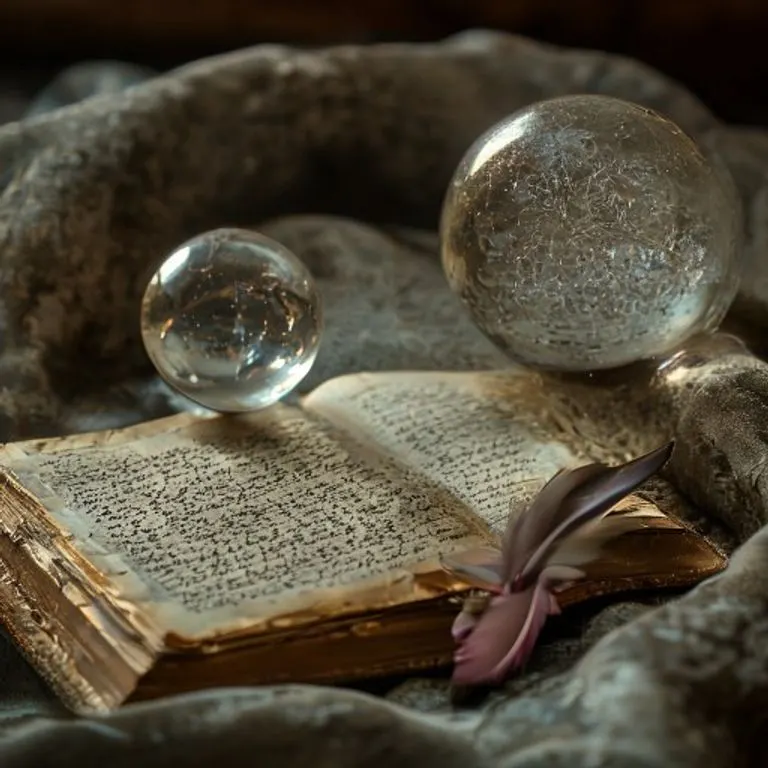 A weathered dream journal, crystal ball, and feather on velvet, symbolizing spiritual insights and the subconscious mind.