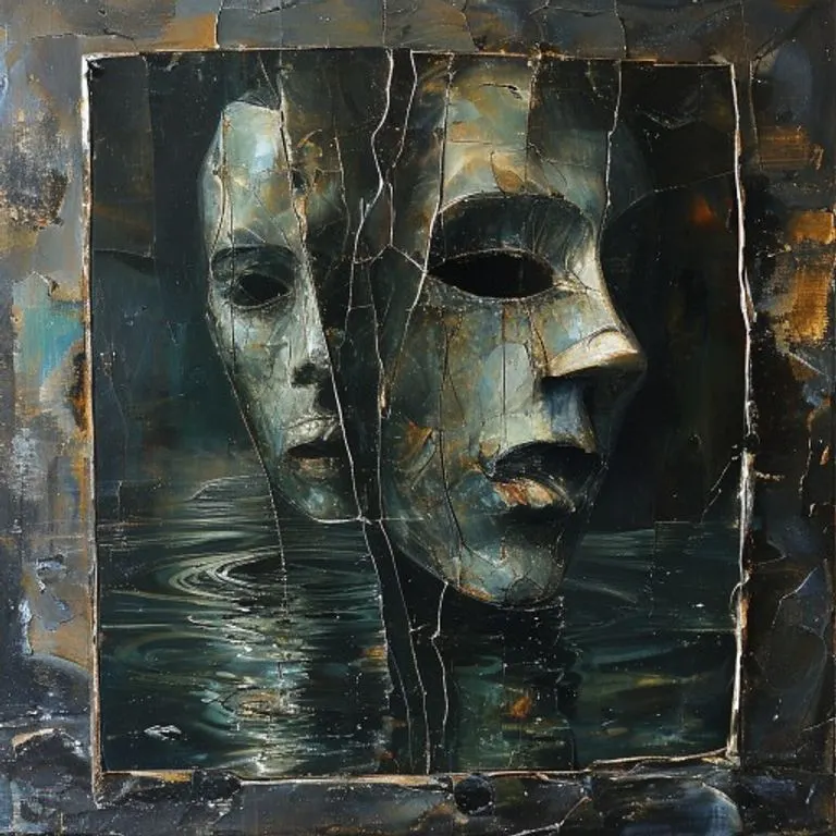 Surrealist oil painting of a fragmented mirror reflecting shimmering water, with abstract forms and a half-submerged carved wooden mask, symbolizing illusion and hidden depths.