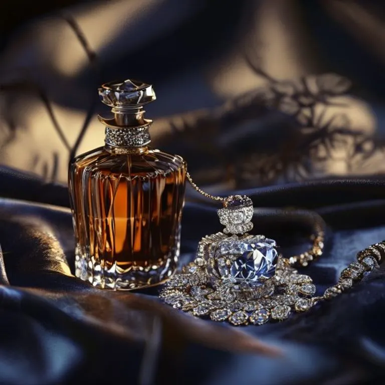 Un tocador vintage con una botella de perfume ornamentada, joyas dispersas y un recorte de periódico antiguo.