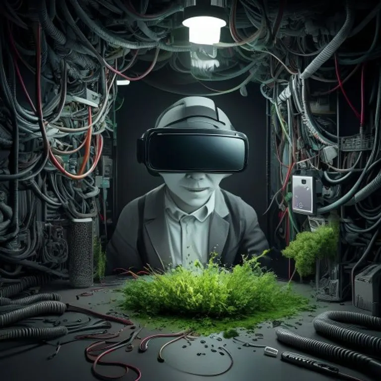 Renderizado isométrico de un laboratorio minimalista con una proyección holográfica de un cerebro. Instrumentos científicos, un casco de RV y una planta creciendo de un circuito.