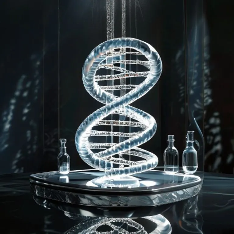 Pintura al óleo abstracta de estructuras celulares microscópicas y código genético, con fondo de laboratorio moderno.