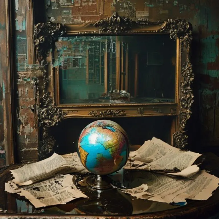 Esfera de cristal rota que representa la verdad objetiva, con fragmentos que reflejan titulares distorsionados y redes sociales.