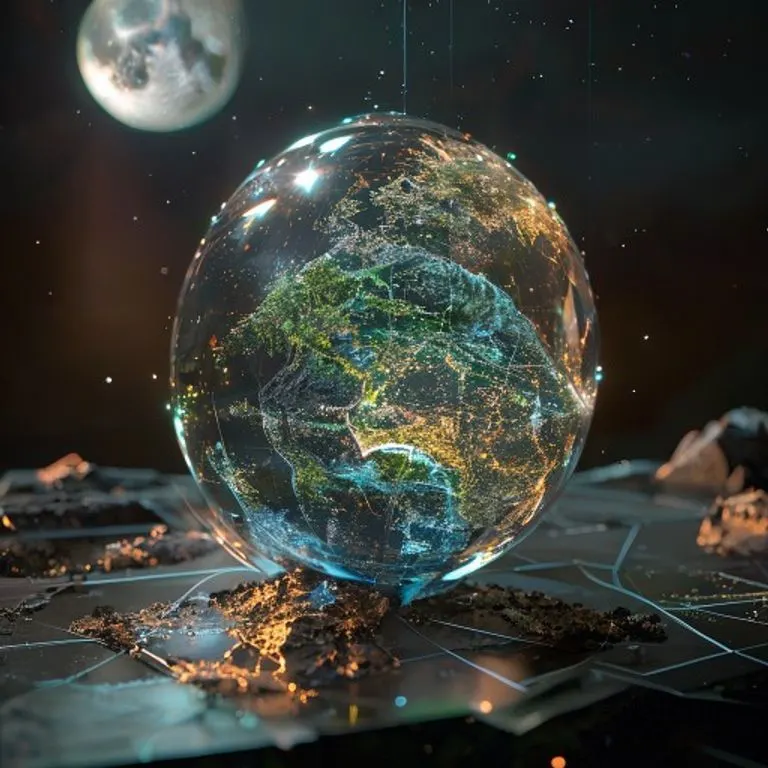 Globo terráqueo y diarios científicos con cúbits luminosos
