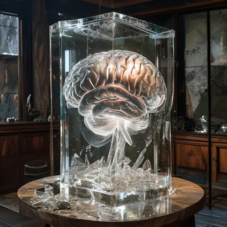 Fotografía de bodegón de un libro antiguo de neurociencia sobre un escritorio de madera, con diagramas neuronales y un modelo de neurona de cristal.
