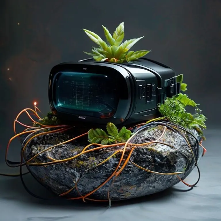 Gafas de realidad virtual sobre un escritorio de madera, con libros y una planta marchita, simbolizando la tensión entre el mundo virtual y el real.