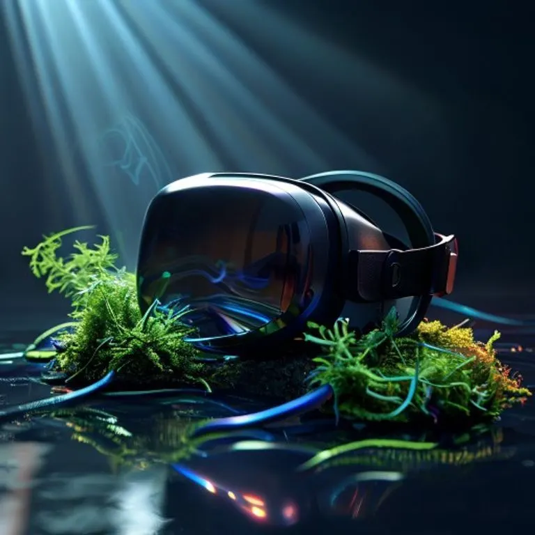 Espejo fragmentado reflejando un mundo digital pixelado, con un trozo de espejo mostrando una hoja verde, simbolizando el equilibrio entre lo virtual y lo real.