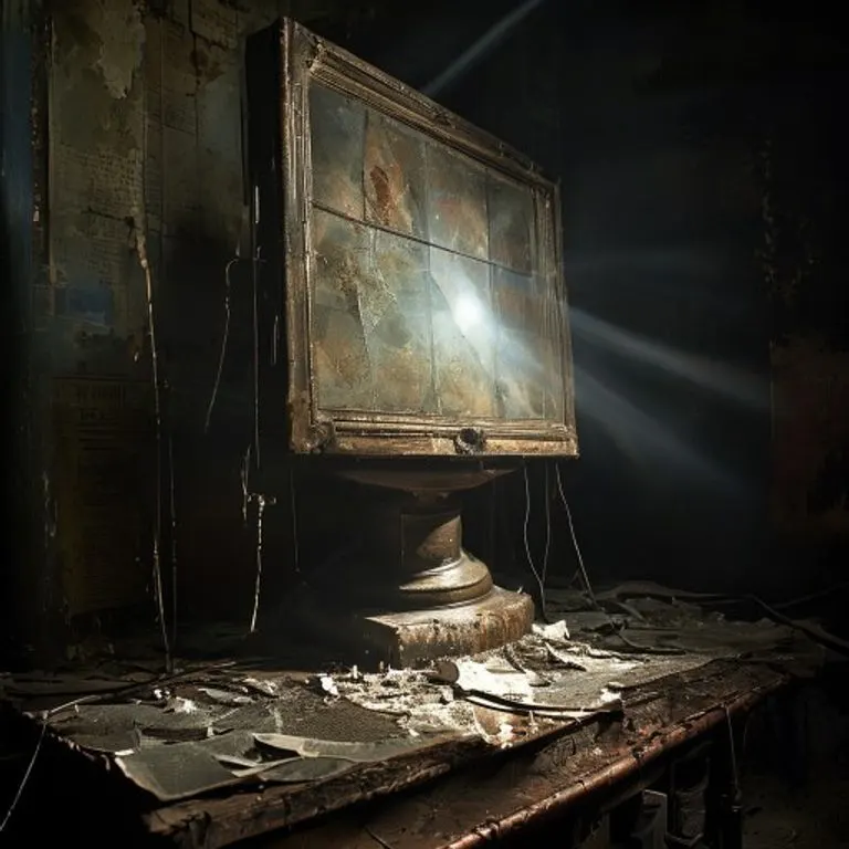 Pintura al óleo de una cámara de cine antigua, rollos de película y un cuaderno sobre una mesa de madera, con iluminación suave.