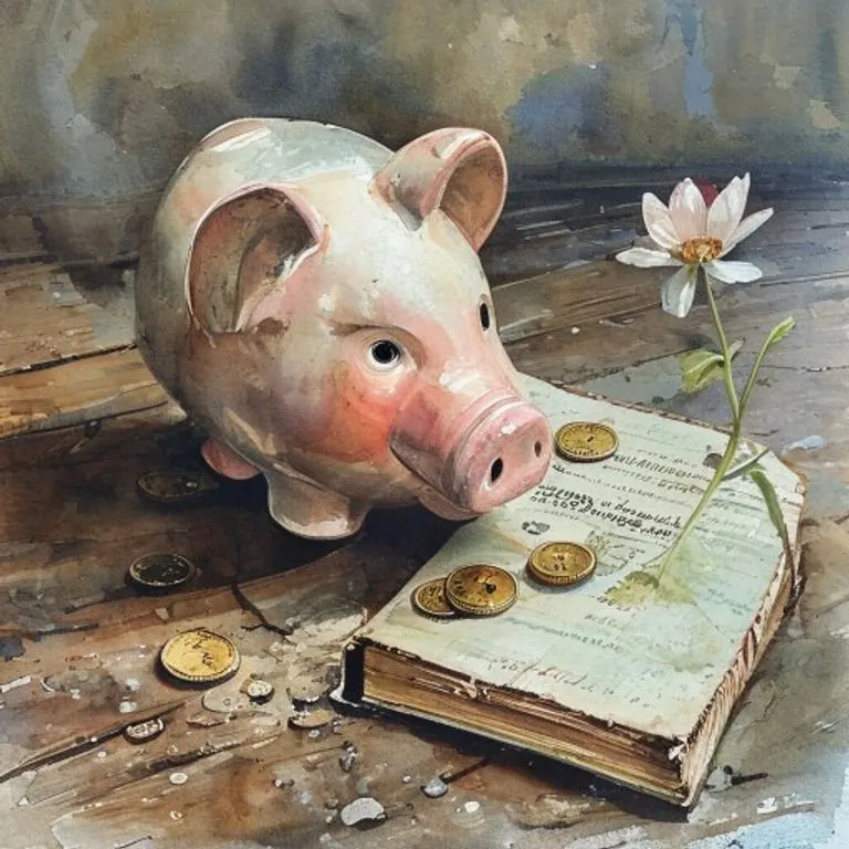 Pintura de acuarela de un cerdito roto con monedas, un libro de texto desgastado y una flor marchita sobre una mesa de madera.