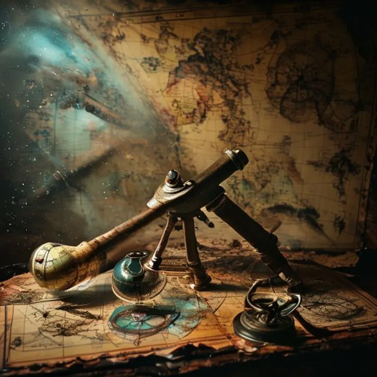 Telescopio antiguo apuntando a una nebulosa proyectada en un globo terráqueo, rodeado de mapas y brújulas, evocando la exploración del conocimiento y el misterio del cosmos.