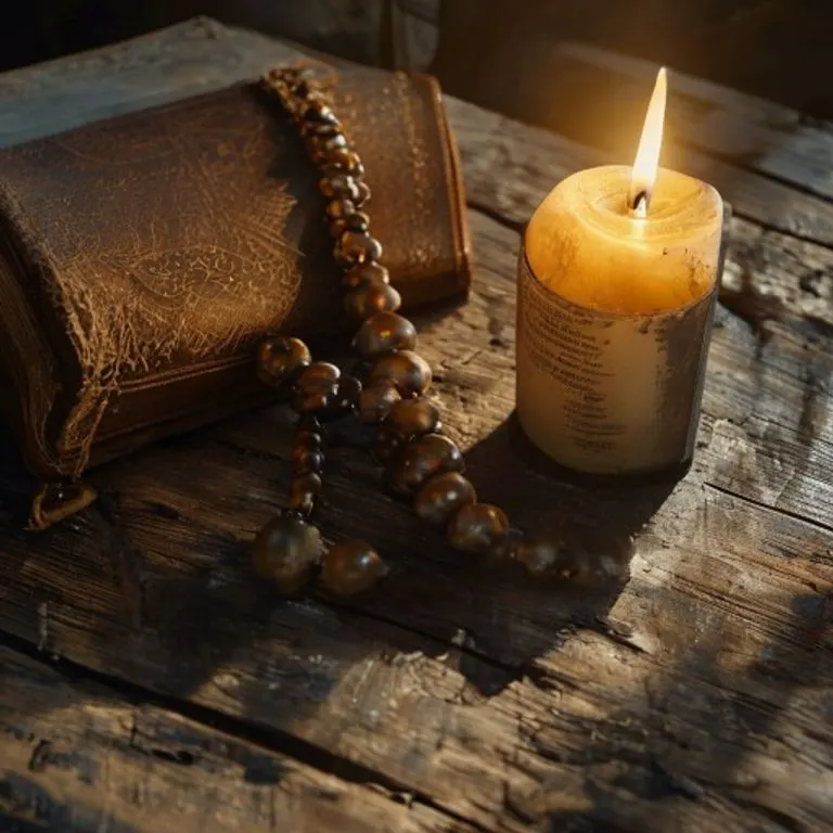 Fotografía cinematográfica de un rosario antiguo, un libro de oraciones desgastado y una vela encendida sobre una mesa de madera rústica, simbolizando la devoción y el paso del tiempo.