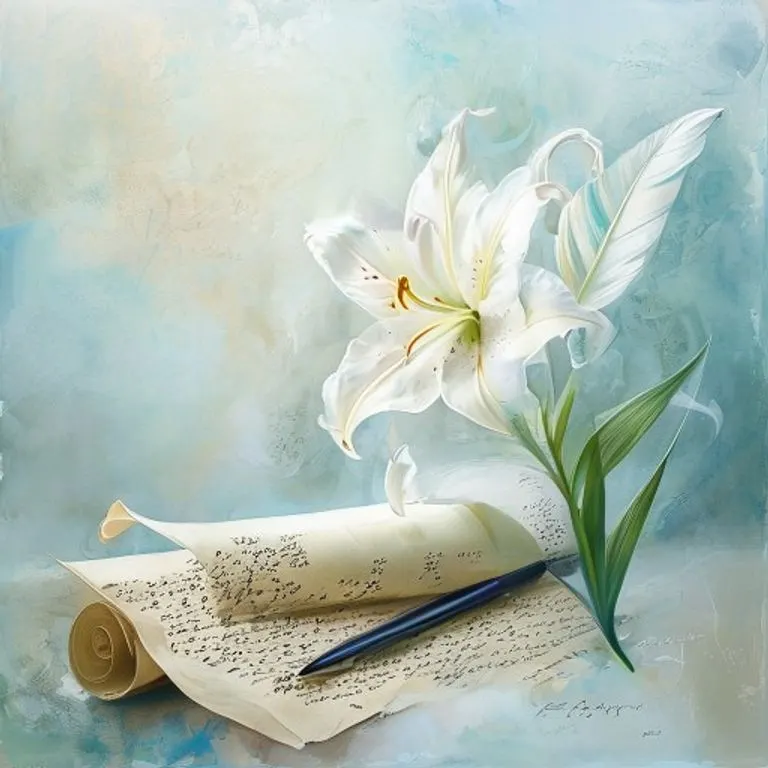 Pintura acuarela de un lirio blanco solitario, bellamente iluminado por una luz etérea, con una pluma de ave y un pergamino antiguo con escritura abstracta sobre un fondo brumoso, evocando un mensaje celestial.