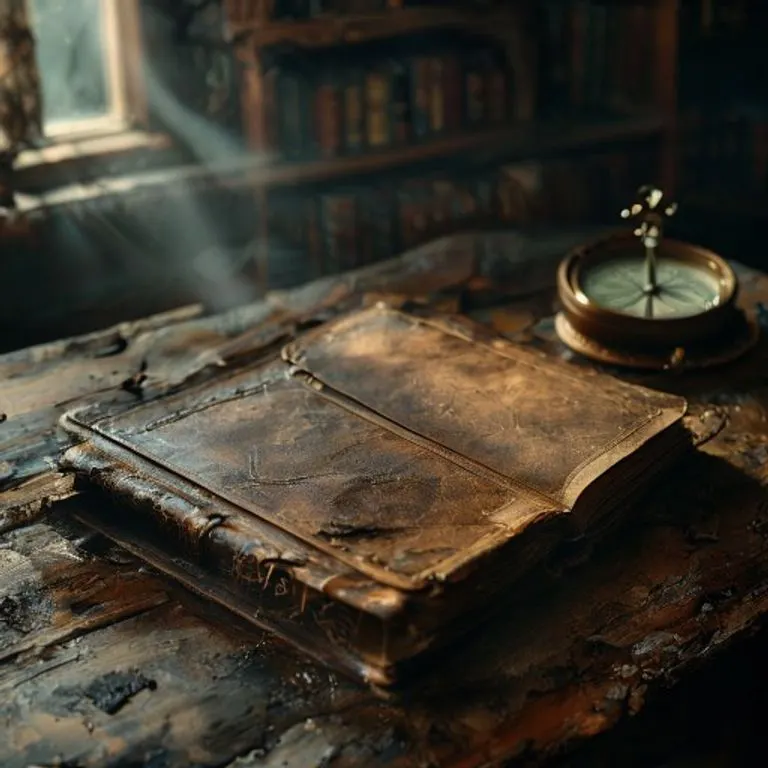 Cinematic still life photography: A vintage, leather-bound journal resting open on a weathered wooden desk, illuminated by a single, soft beam of light. Next to it, a small, antique compass points downwards, towards the journal. The background is blurred, suggesting a cozy, private study. The scene evokes introspection and personal history. NO humans, NO faces, NO people.