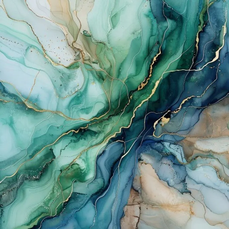 Abstract watercolor painting: Layers of translucent blues, greens, and earthy browns swirling and merging, creating a sense of deep, flowing subconscious currents. A single, delicate, golden thread weaves through the colors, symbolizing a connection to hidden truths or core identity. The style is fluid and ethereal. NO humans, NO faces, NO people.