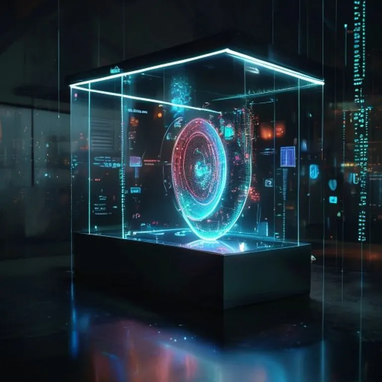 Un elegante estuche de exhibición digital minimalista que muestra una obra de arte NFT única y brillante, rodeada de elementos holográficos y flujos de datos, con reflejos sutiles y una atmósfera oscura y sofisticada, iluminación volumétrica.