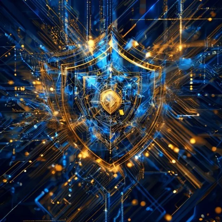 Obra de arte conceptual con líneas de código entrelazadas y símbolos de contratos inteligentes formando un escudo protector alrededor de un activo digital abstracto, representando marcos legales y propiedad intelectual, en tonos azul profundo y dorado, con patrones intrincados, estilo expresionista abstracto.