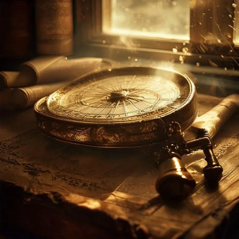 Fotografía vintage de un astrolabio de latón antiguo sobre un libro de cuero desgastado, iluminado por una luz cálida de una ventana, con motas de polvo y pergaminos al fondo.