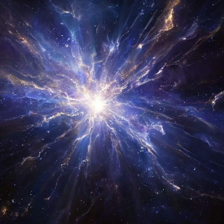 Arte conceptual de luz etérea brillante emanando de una estrella intensa, proyectando sombras intrincadas sobre un lienzo cósmico con flujos de energía abstracta en tonos azules, púrpuras y dorados.