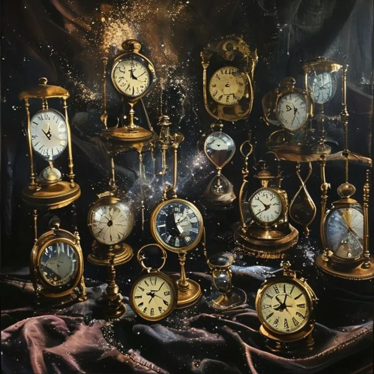 Relojes de arena y antiguos relojes de bolsillo sobre terciopelo, simbolizando el paso del tiempo y la predicción astrológica