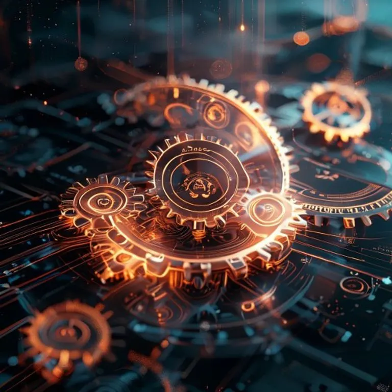 Ilustración digital 3D de engranajes cósmicos entrelazados con símbolos planetarios, representando el destino y la sincronía