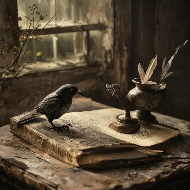 Bodegón cinematográfico de un breviario benedictino antiguo abierto, con una figura de cuervo tallada y una pluma de ave, iluminado por una luz dramática.