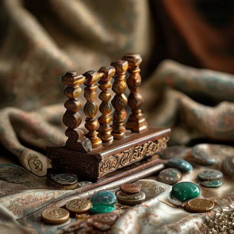 Antique wooden abacus with jade stones and Chinese coins, symbolizing calculation and prosperity in naming.