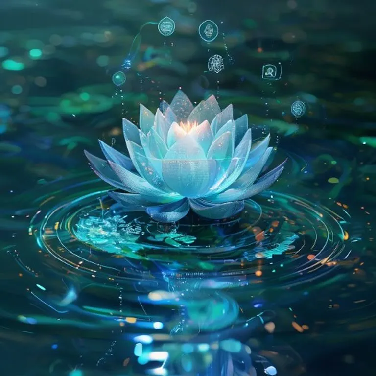 Conceptual 3D render of a glowing lotus flower emerging from a digital river, surrounded by abstract elemental symbols.