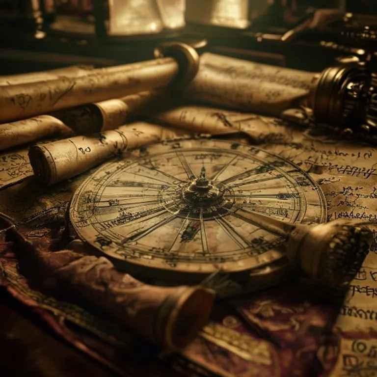 Ancient astrolabe on velvet with old parchment scrolls, dramatic lighting.