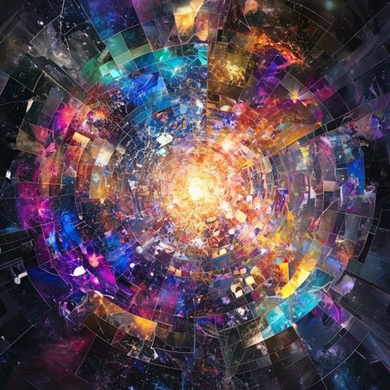 Abstract conceptual art of fragmented cosmic energy with luminous and dim zones.