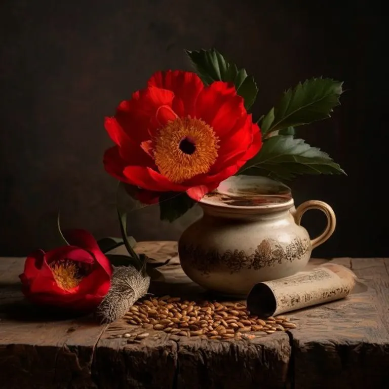 Arte conceptual de un pétalo de amapola rojo sobre un libro de poesía antiguo, con un resplandor etéreo que simboliza la memoria y la belleza transitoria.