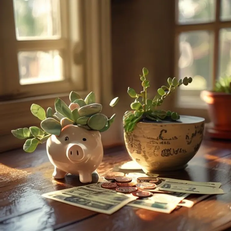 Fotografía cinematográfica de una alcancía de cerámica antigua, desbordante de monedas y billetes, sobre un escritorio de madera pulida junto a una planta suculenta.