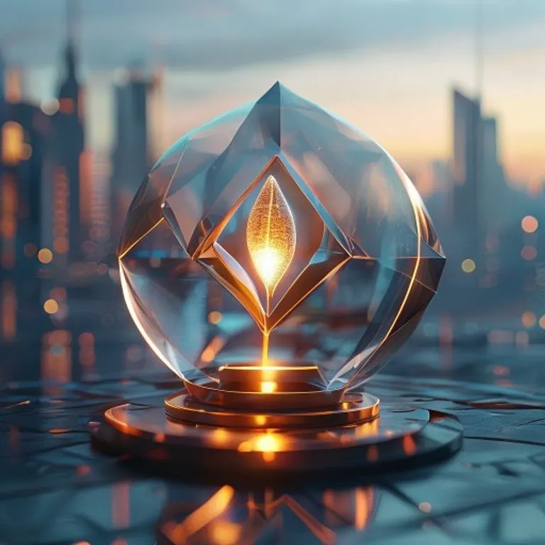 Renderizado 3D abstracto de formas geométricas interconectadas que forman una cúpula protectora sobre una semilla brillante, con un paisaje urbano futurista al amanecer de fondo.