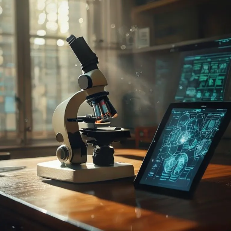Microscopio vintage y tablet moderna mostrando algoritmos de IA y datos médicos en un escritorio de madera