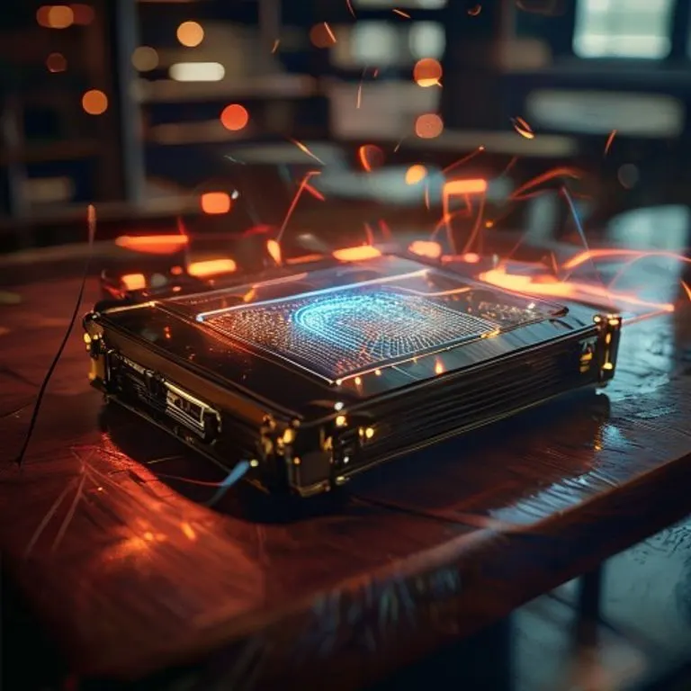 Disco duro externo con flujos de datos cifrados en un escritorio