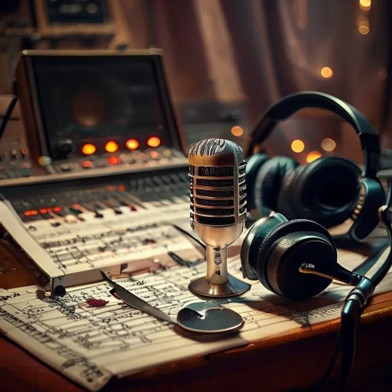 Una mesa de mezcla de estudio de los años 80 con un micrófono vintage y una púa de guitarra, evocando la era de producción de 'Beat It'.